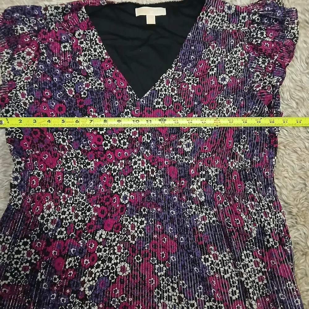 Michael Michael Kors Womens Dress XXL Purple Floral Pleated Ruffle Hem‎ V-Neck